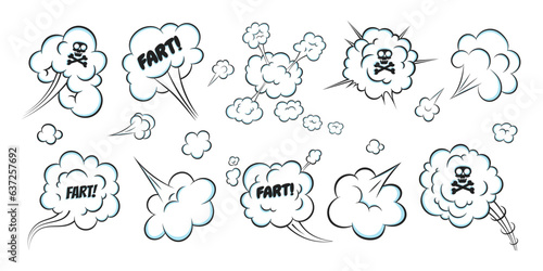 Smelling pop art comic book cartoon fart cloud flat style design vector illustration set with text and skull with crossed bones. Bad stink or toxic aroma cartoon smoke cloud.