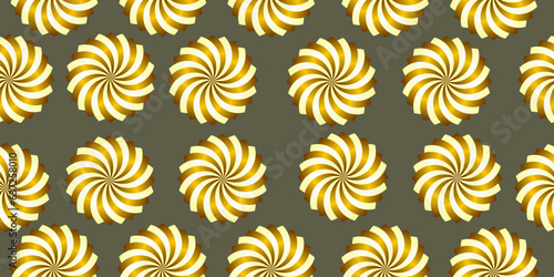 Spiral spinning seamless pattern - Optical illusion. Impossible shapes - gold with white futuristic flower. Vector illustration. Trendy background, wallpaper, print