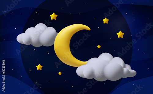3D render moon night. Vector illustration dark cloud sky. Realistic space elements. Astronomy background in plastic style. Starry midnight with moonlight. Milky way galgaxy. Bedtime and dream symbols