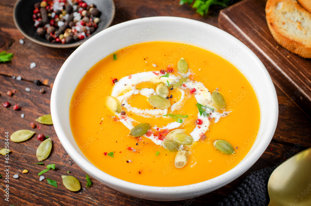 Pumpkin Soup, Tasty Homemade Pumpkin, Sweet Potato, Carrot Soup in a Bowl on Dark Background Pumpkin Soup, Tasty Homemade Pumpkin, Sweet Potato, Carrot Soup in a Bowl on Dark Background