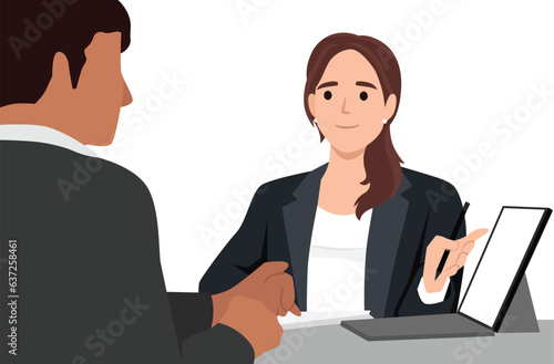 Business woman explaining using a tablet. Flat vector illustration isolated on white background