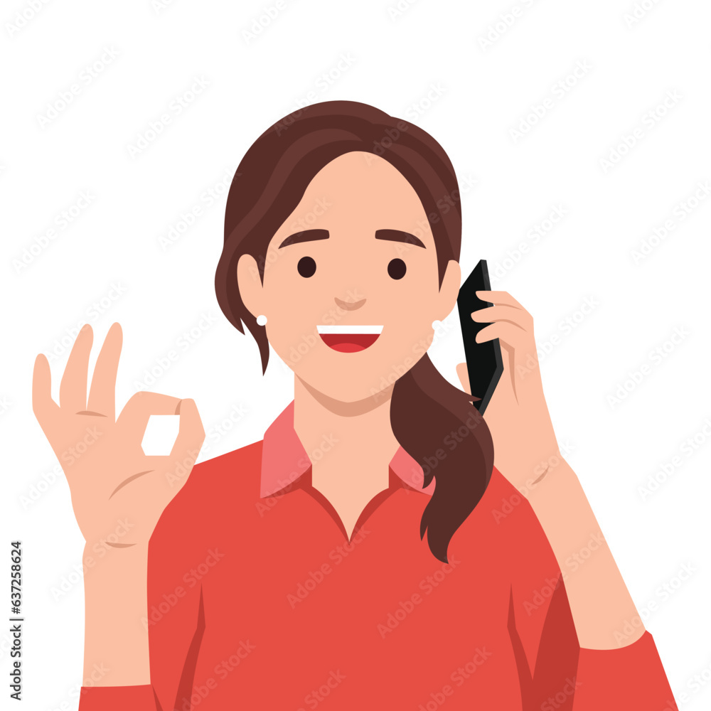 Businesswoman holding mobile phone and showing a okay hand sign. Portrait of Cartoon Businesswoman Character. Flat vector illustration isolated on white background Businesswoman holding mobile phone and showing a okay hand sign. Portrait of Cartoon Businesswoman Character. Flat vector illustration isolated on white background