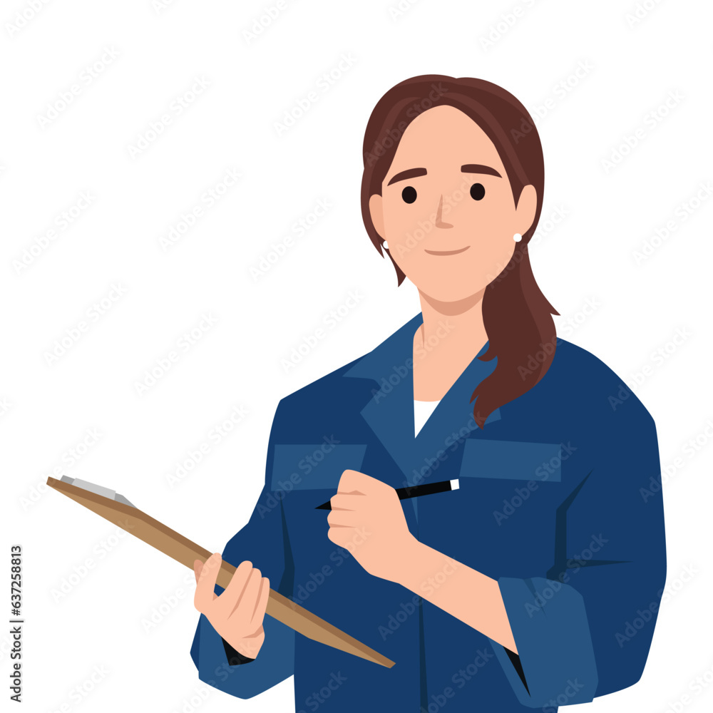 Young female construction worker checking equipment. Flat vector illustration isolated on white background Young female construction worker checking equipment. Flat vector illustration isolated on white background