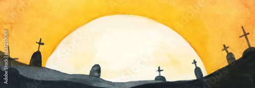 Quadro su tela Watercolor painting of graveyard silhouette Halloween abstract Background
