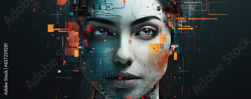 Female AI robot face, Artificial intelligence concept. Generative AI wide banner.