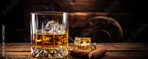 Whiskey glass on wooden table with luxury cigar. Alcohol cognac and cubanian cigar.