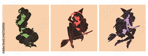 Set of three Witch. Cute ladies. Pin-up, retro style. Halloween costume concept. Hand drawn modern Vector illustration. Poster, sticker templates