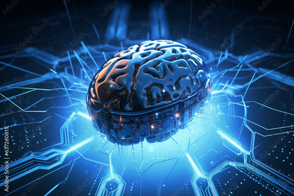 blue brain on a technology background concept, in the style of graphic ...