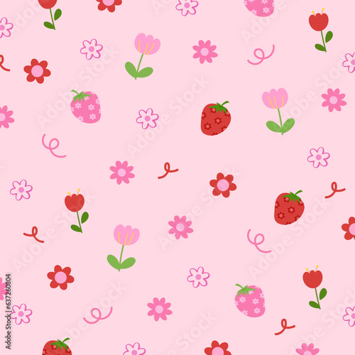 Flowers, strawberry on pastel pink background for spring, summer wallpaper, fabric, floral print, fruit pattern, nature, garden, backdrop, garment, picnic blanket, duvet, textile, vegan, apron