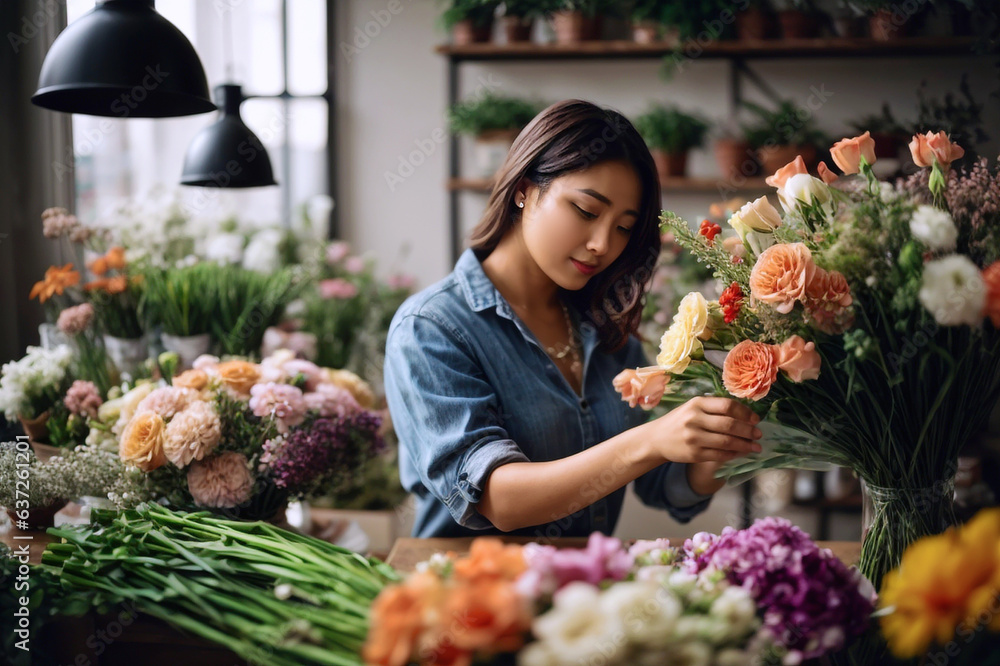 Florist arranging flowers in flower shop