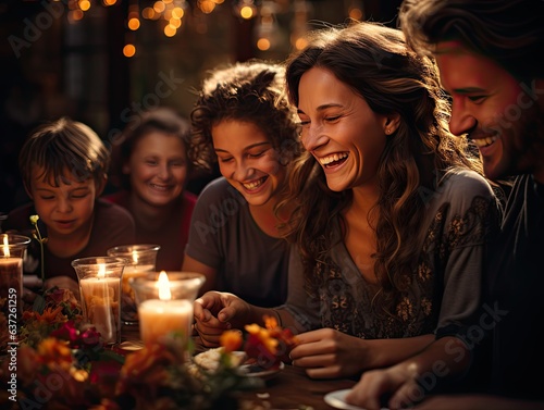 Heartwarming Thanksgiving family gathering dinner, traditional, holiday feast, soft lighting, dining table, joyous photograph, warm mood, minimalistic photo manipulation technique