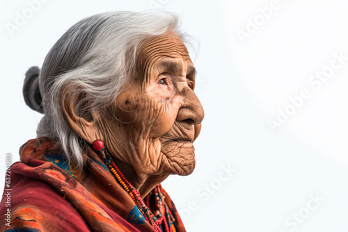 an old woman with a red scarf and a cell phone