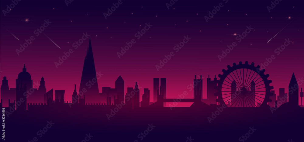 Night city silhouette. Retro Futurism. 80s Retro poster Background with Night City Skyline. Rave party Flyer design template in 1980s style.