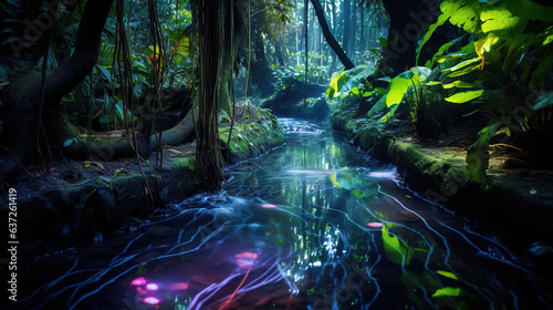 River running through a lush green forest.Generative Ai