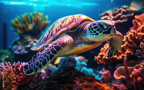 Turtle with group of colorful fish and sea animals with colorful coral underwater in ocean. © radekcho