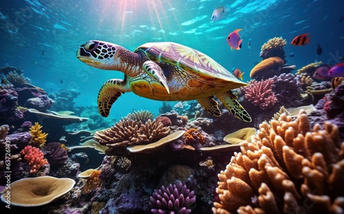 Turtle with group of colorful fish and sea animals with colorful coral underwater in ocean.