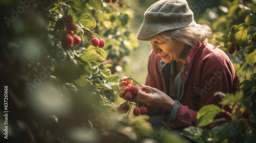 Fotografie, Obraz Woman picking ripe raspberries from bush outdoors, closeup.