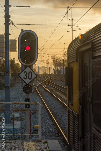 Train, flights, station, traffic light, morning photo