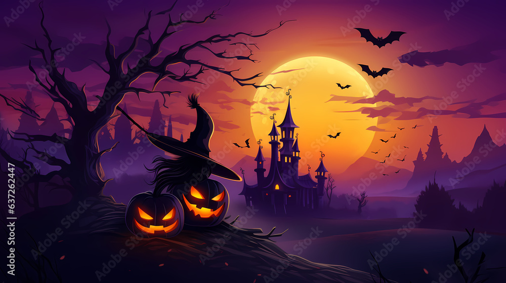 Happy Halloween background with pumpkins and castle haunted, Halloween background with Evil Pumpkin. Spooky scary dark Night forrest. Holiday event halloween banner background concept
