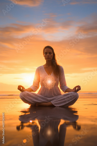 Image of woman meditating in yoga stretch tones in the sea