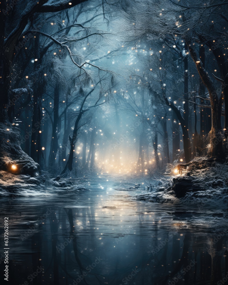 Mystical winter forest scene with snow-covered trees, magical, fairy tale, soft moonlight, snowy landscape, dreamy photograph, enchanting mood, creative photo manipulation technique