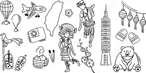 Taiwan culture travel set, famous architectures and specialties in flat design, Taiwan  isolated on white background.