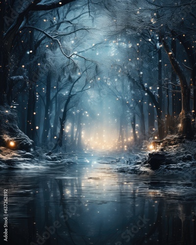 Mystical winter forest scene with snow-covered trees  magical  fairy tale  soft moonlight  snowy landscape  dreamy photograph  enchanting mood  creative photo manipulation technique