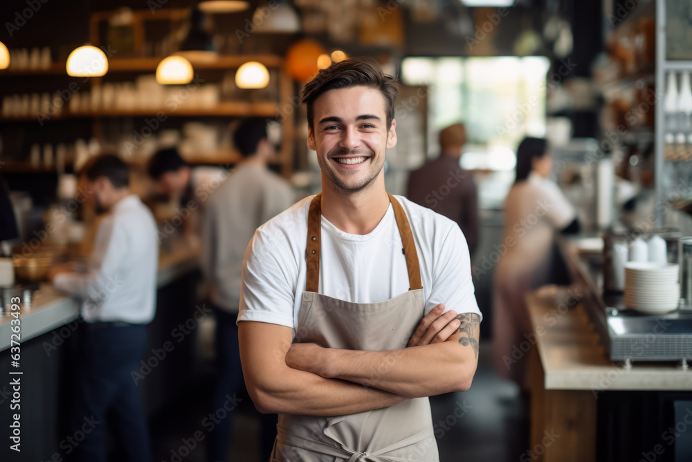 Fototapeta premium Happy young barista standing at cafe counter