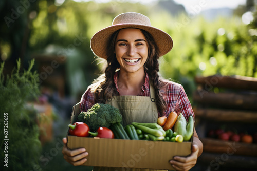 Happy female farmer holding a box with fresh produce