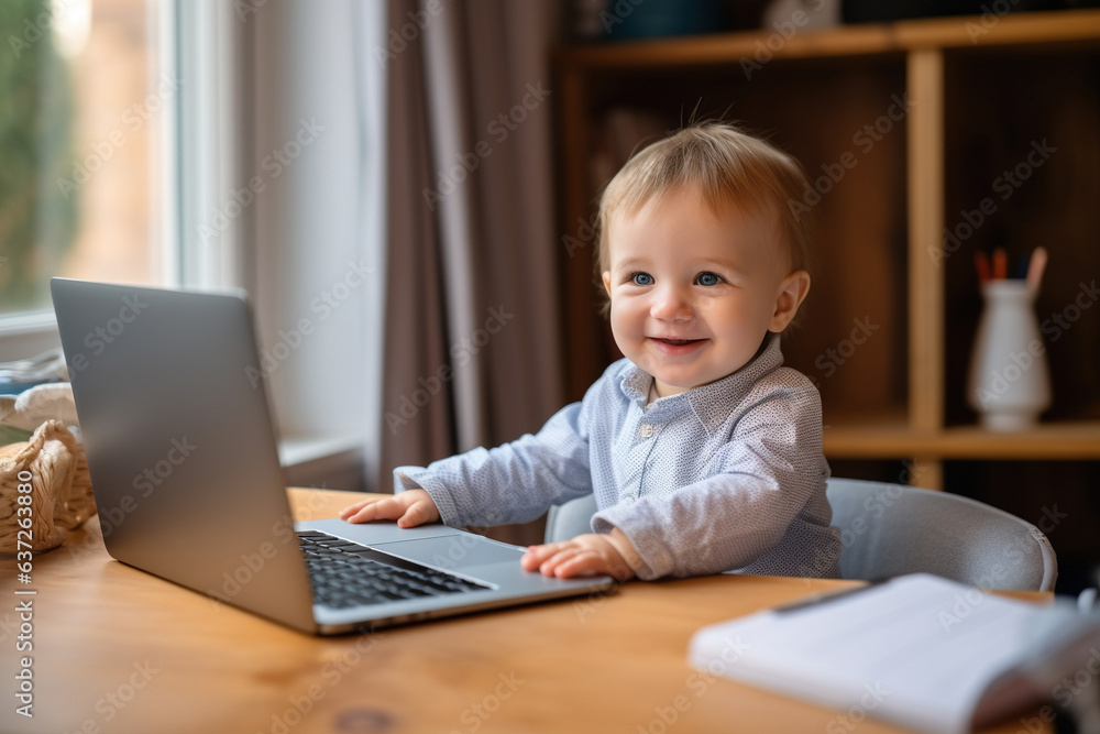 Infant boy using laptop remote working at home office looking at computer talking having hybrid virtual meeting learning english communicating by video call, elearning webinar Infant boy using laptop remote working at home office looking at computer talking having hybrid virtual meeting learning english communicating by video call, elearning webinar