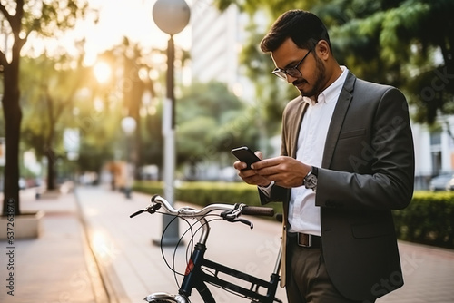 Indian business man holding smartphone using bike rental