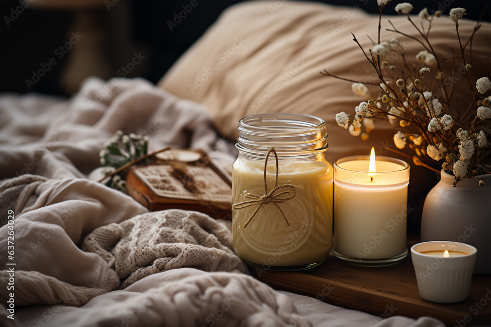 white candle in a glass at a beautifull minimilest room. generative ai white candle in a glass at a beautifull minimilest room. generative ai