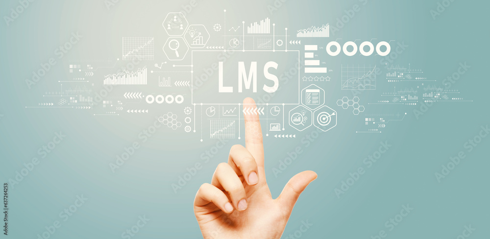 LMS - Learning Management System with hand pressing a button on a technology screen LMS - Learning Management System with hand pressing a button on a technology screen