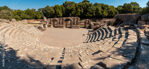 Panoramic in the theater and amphitheater in the archaeological ruins of Butrint or Butrinto National Park in Albania