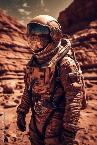 Close-Up of an Astronaut in Space Suit Walking on the Surface of the Red Planet, Concept of Mars Colonization, generative AI © Bending Reality