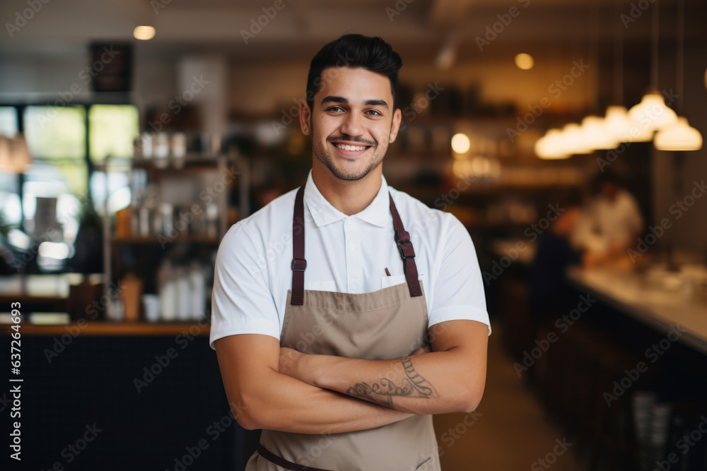 Barista in apron looking at camera and smiling Barista in apron looking at camera and smiling
