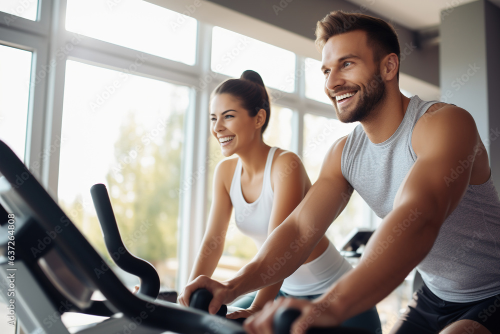 Cycling for wellbeing: Young man smashing cardio goals with exercise bike Cycling for wellbeing: Young man smashing cardio goals with exercise bike