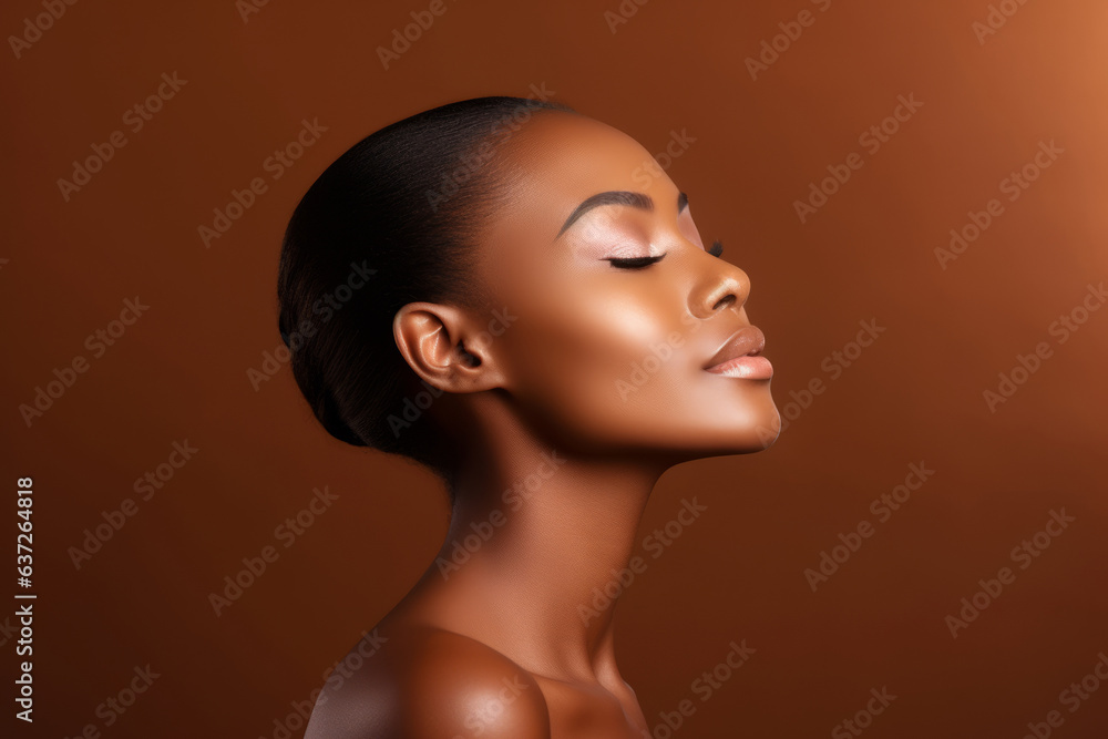 Beautiful sensual sexy young black African ethnic woman model posing profile side face touching chin on brown background Beautiful sensual sexy young black African ethnic woman model posing profile side face touching chin on brown background