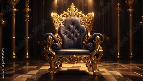 "Regal Throne: Create an image of a luxurious gold royal chair set against a dark background, symbolizing a place fit for a king."