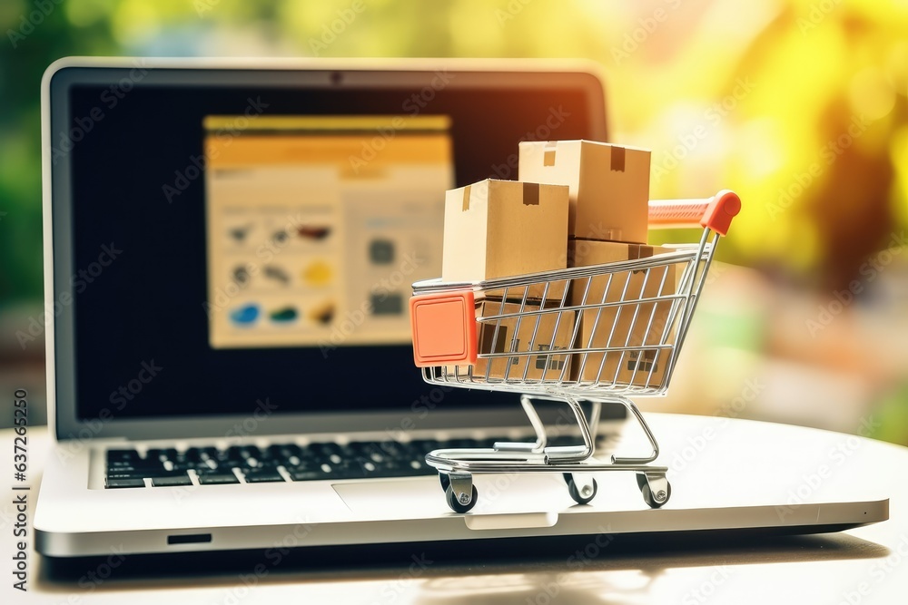 Product Package Boxes and Shopping Bag in Cart with Laptop Computer Showing Online Shopping and Delivery Concept
Generative AI
