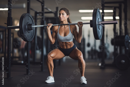 Fit woman exercising back squats with weights