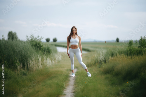 Fit woman practicing the standing cow face yoga pose outdoors