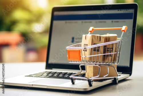 Product Package Boxes and Shopping Bag in Cart with Laptop Computer Showing Online Shopping and Delivery Concept
Generative AI
