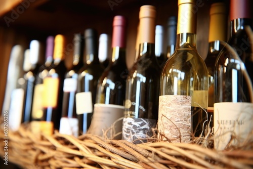 Closeup Shot of Wine Shelf. Bottles Laid Over Straw

 Generative AI photo
