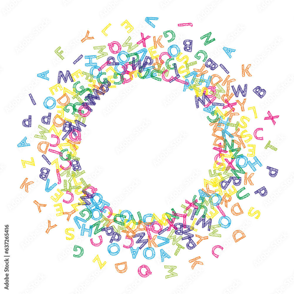 Falling letters of English language. Colorful sketch flying words of Latin alphabet. Foreign languages study concept. Modern back to school banner on white background. Falling letters of English language. Colorful sketch flying words of Latin alphabet. Foreign languages study concept. Modern back to school banner on white background.