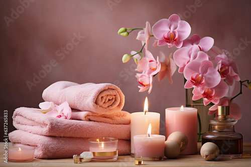 Pictures of the spa atmosphere consisting of flowers, candles, clean clothes, and the atmosphere for spa and massage shops.
