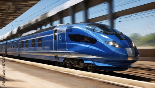 "High-Speed Blue Train in Motion: Generate an image of a sleek blue train racing at high speed on the tracks, capturing its dynamic movement and power."