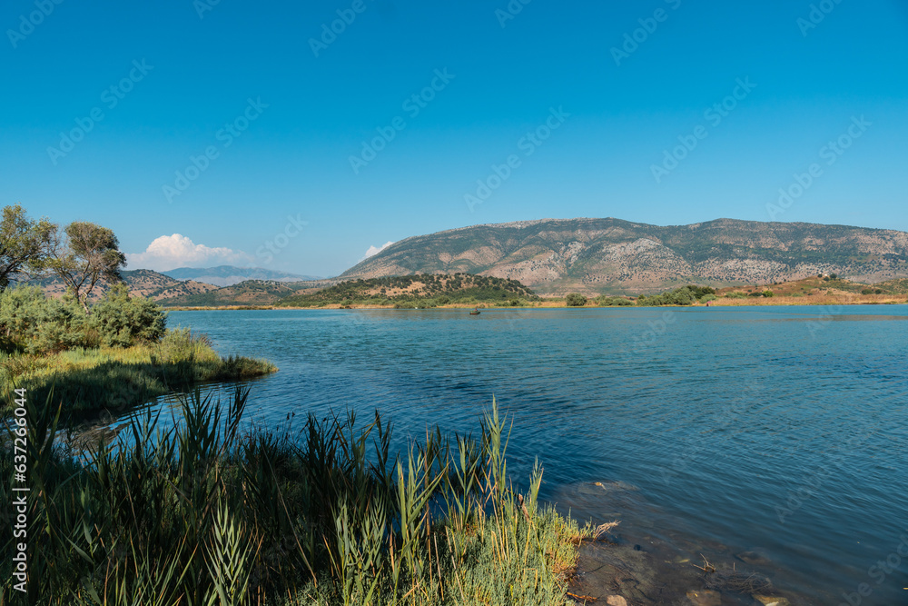 Views of the sea from the lake gate in the archaeological ruins of the Butrint or Butrinto National Park in Albania