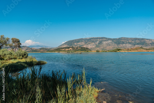 Views of the sea from the lake gate in the archaeological ruins of the Butrint or Butrinto National Park in Albania