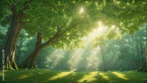 "Enchanting Beech Canopy: Sunlit Forest View with Towering Trees and Nature's Serenity"